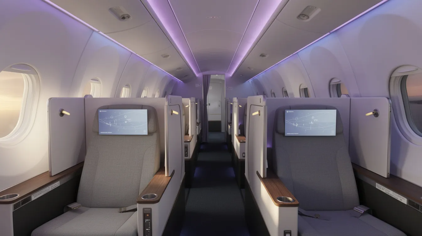 The image depicts the interior of a modern narrow-body airplane business class cabin featuring JetBlue Mint suites, each equipped with individual seating areas, mood lighting, and ample storage space. The layout emphasizes privacy and comfort, ideal for transatlantic flights, with amenities such as a tray table and reading light for an enhanced Mint experience.