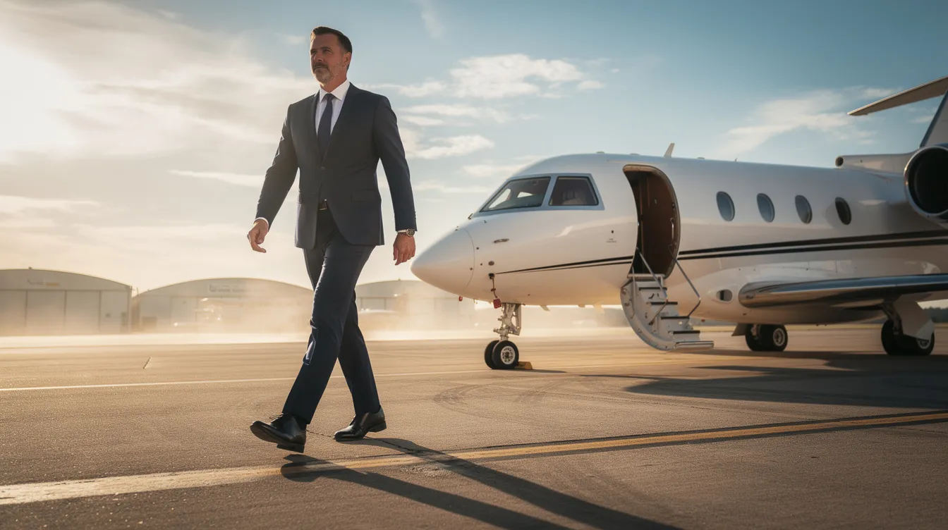 A business executive in a dark suit confidently walks toward a private jet on a sunlit runway, symbolizing the luxury and convenience of private aviation. The image captures the essence of private jet travel, highlighting the exclusive experience offered by the VistaJet fleet for those seeking guaranteed aircraft availability and cost-effective charter options.
