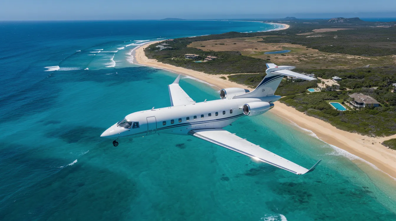 An aerial view captures a private jet soaring over stunning turquoise ocean waters, with a picturesque coastline below. This scene highlights the allure of private aviation, showcasing the freedom and luxury of private jet travel.