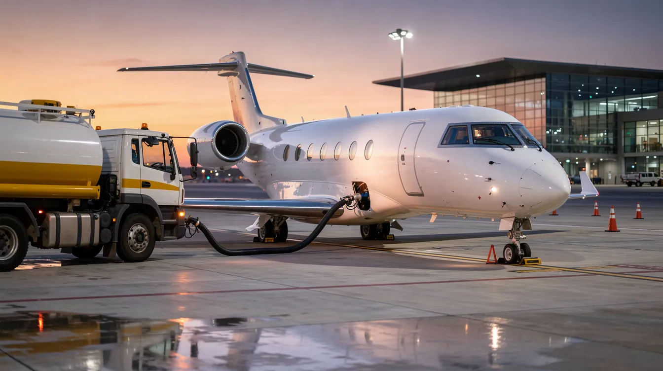 A private jet is being refueled by a fuel truck on a modern airport tarmac at dusk, with the vibrant colors of the sunset illuminating the scene. The aircraft, designed for turbine engines, awaits its supply of jet fuel, essential for its operation in the aviation industry.