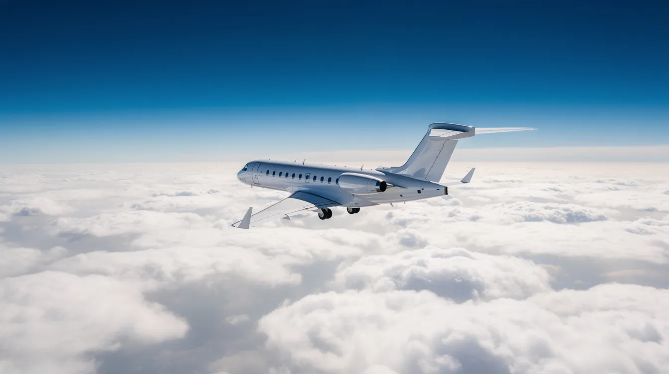 A sleek business jet soars above a sea of white clouds against a backdrop of a clear blue sky, showcasing the elegance of aviation technology and the efficiency of jet fuel at high altitudes. The image captures the essence of luxury air travel, emphasizing the aircraft's turbine engines and aerodynamic design.