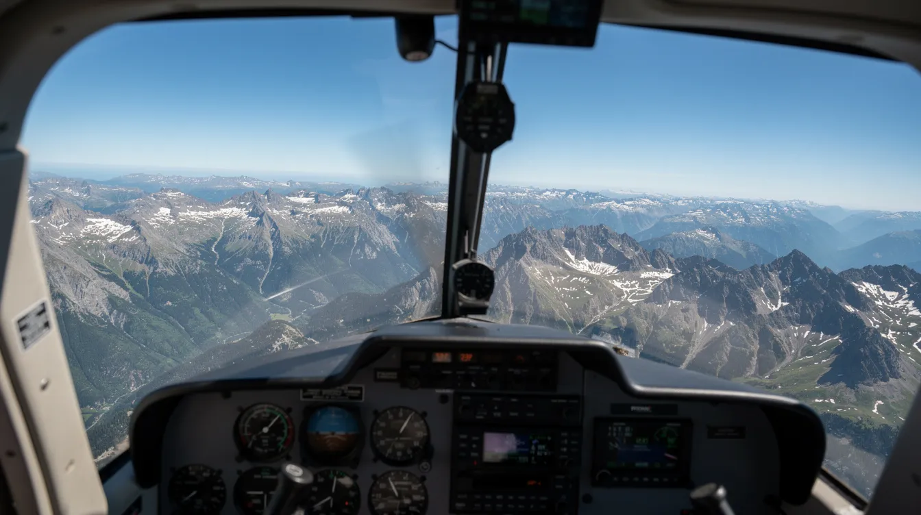 The image shows a breathtaking view from the cockpit of a small airplane, showcasing rugged mountainous terrain below under clear skies. This perspective highlights the capabilities of light aircraft during cross country flights, emphasizing fuel efficiency and cruising speed as the pilot navigates through the stunning landscape.
