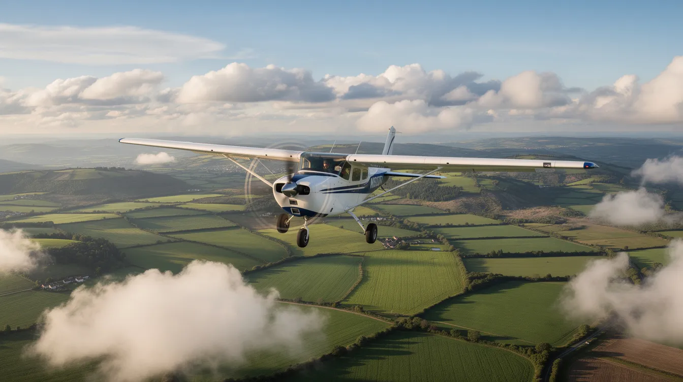 A single-engine propeller airplane glides smoothly above vibrant green farmland, with fluffy cumulus clouds scattered across the blue sky. This light aircraft, known for its fuel efficiency and cruising speed, represents the ideal choice for personal aircraft enthusiasts and those engaged in flight training or cross country flights.