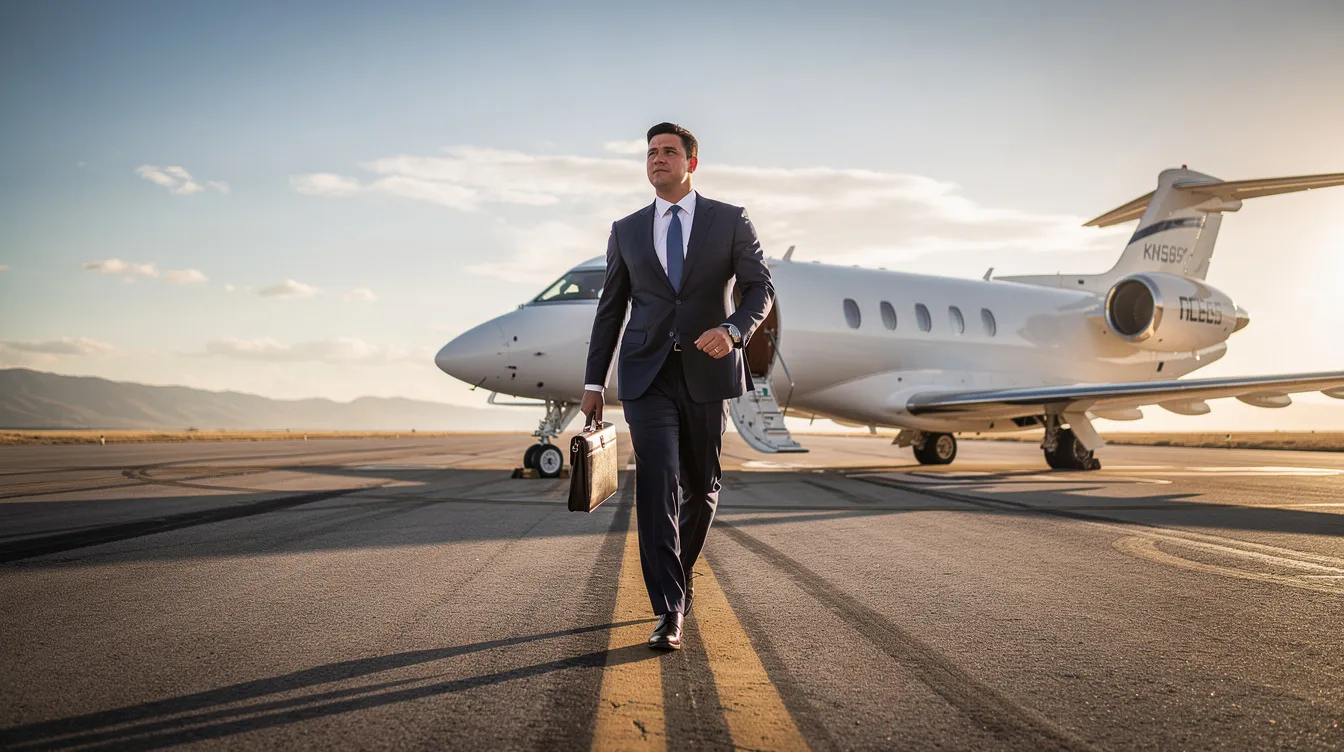 A business professional in a tailored suit confidently strides toward a sleek private jet on a sunlit runway, highlighting the allure of personal aircraft for efficient business travel. The scene captures the essence of modern aviation, emphasizing the benefits of fuel-efficient light jets for cross country flights.