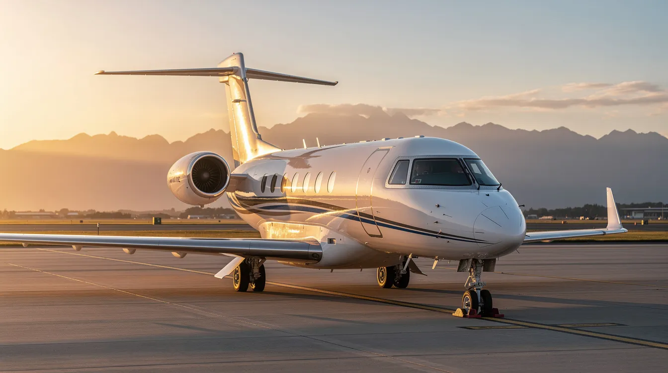 A sleek light jet, designed for efficient performance and fuel efficiency, is parked on a private airport tarmac during golden hour, with majestic mountains in the background. This modern single engine aircraft highlights the capabilities of personal aviation, perfect for cross country flights and pilot training.