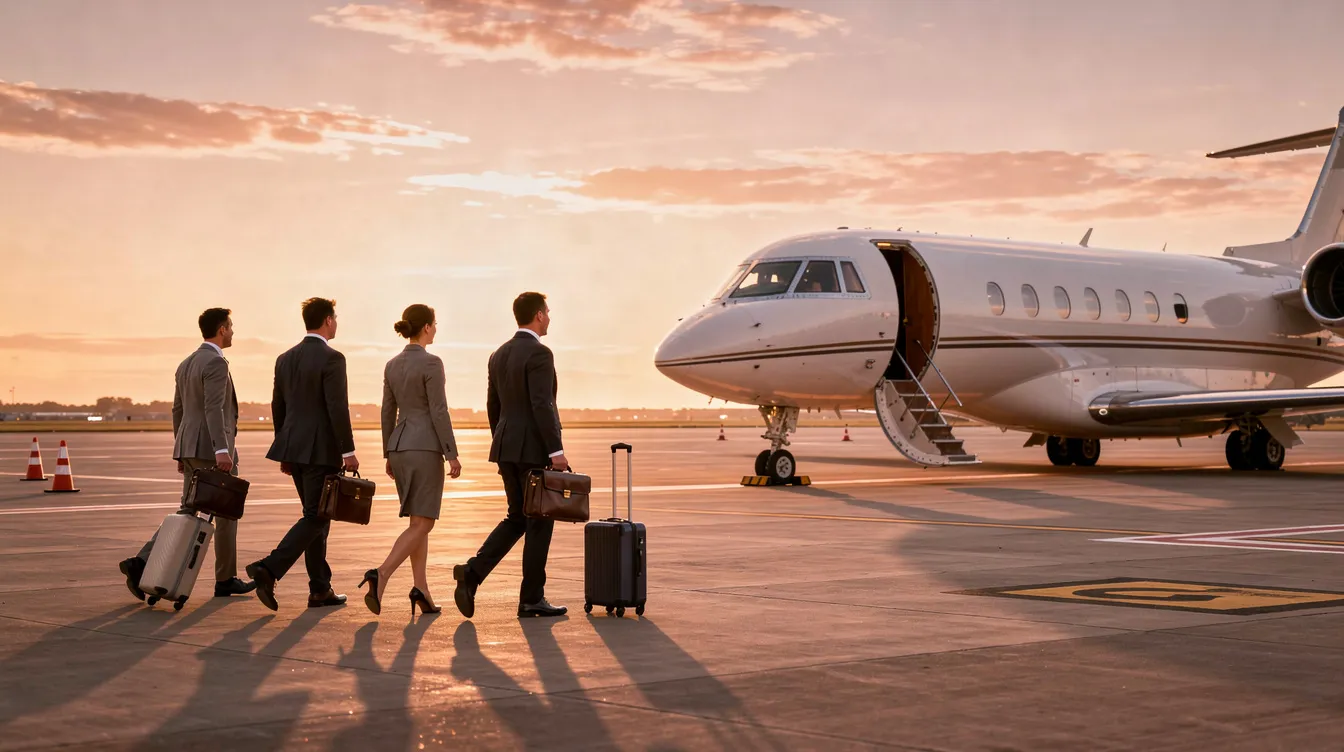A group of professionally dressed individuals walks across a tarmac towards a waiting midsize private jet, with the vibrant colors of sunset casting a warm glow on the scene. This image captures the essence of private aviation, highlighting the allure of private jet travel for business and leisure travelers alike.