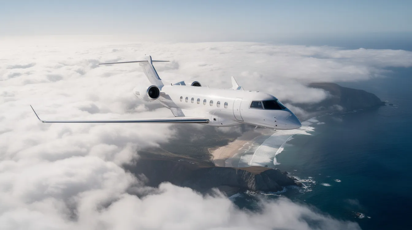 An aerial photograph captures a sleek white private jet soaring above fluffy clouds, with a stunning coastline visible below. This image highlights the allure of private air travel, showcasing the elegance and freedom of flying in private jets.