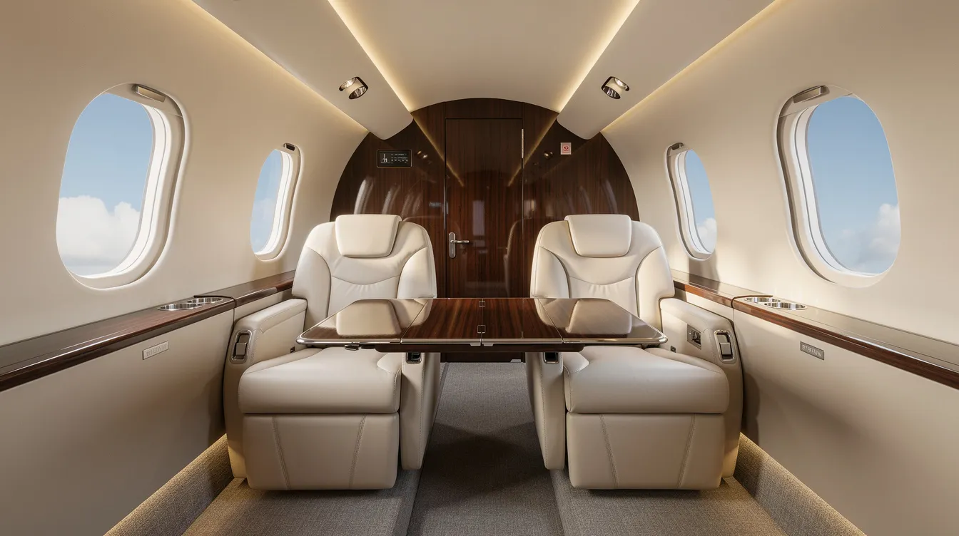 The image depicts the interior of a luxurious light jet cabin, featuring cream leather seats and a polished wood table, with large oval windows revealing a bright blue sky outside. This elegant setting highlights the opulence of private aviation, perfect for travelers seeking comfort and style during their private jet travel.
