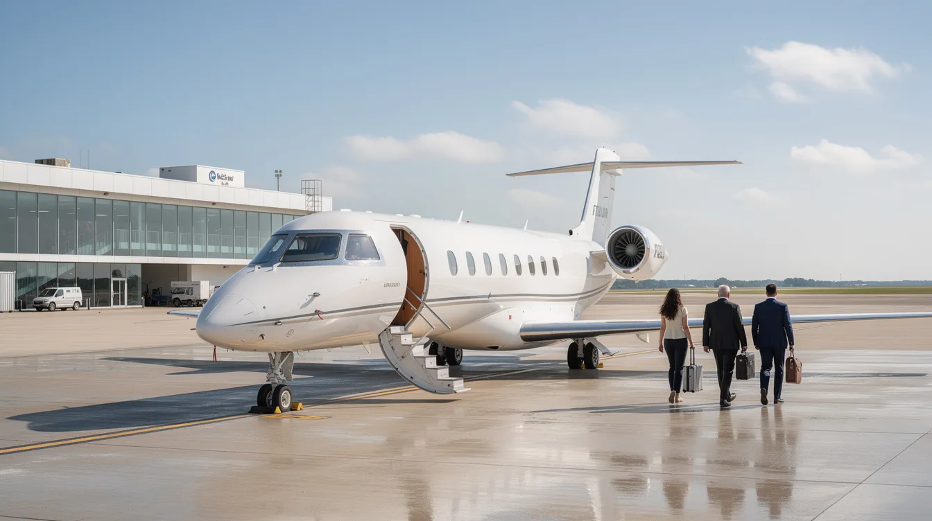 A small private jet is parked at a quiet airport terminal, with a few passengers walking toward the boarding stairs on a sunny day, showcasing the ease and luxury of private aviation. This scene highlights the convenience of private jet travel, offering a serene alternative to busy commercial flights.