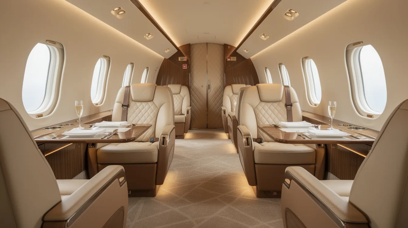 The image showcases the luxurious interior of a private jet, featuring plush leather seats and soft ambient lighting that creates an inviting atmosphere. This elegant setting is where flight attendants may perform their post flight procedures, ensuring a comfortable experience for passengers during their journey.