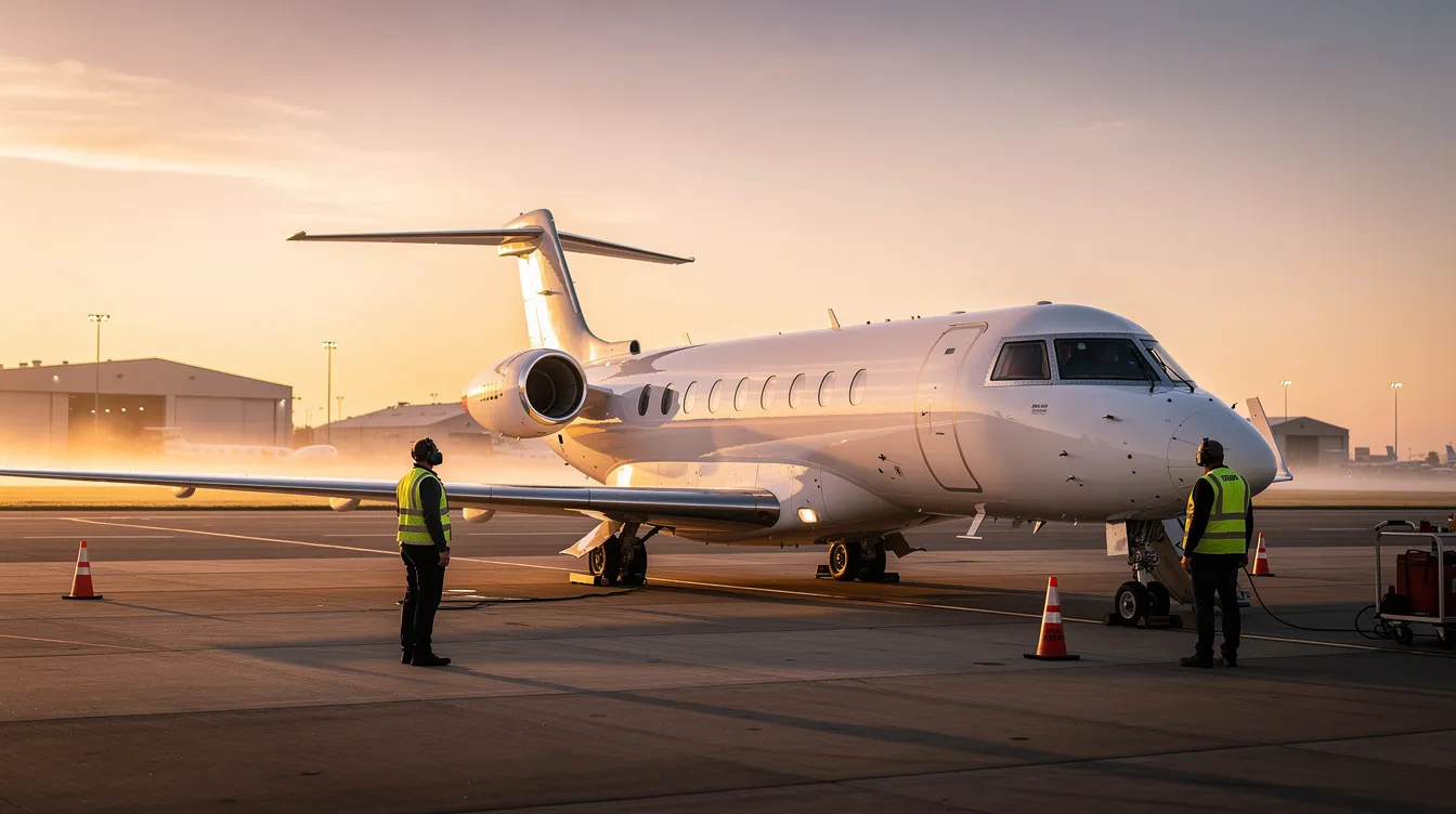 A private jet is parked on a tarmac at sunrise, with the ground crew nearby preparing for the next flight. The scene captures the early morning light reflecting off the aircraft, highlighting the busy atmosphere as flight attendants and crew perform pre-flight procedures.