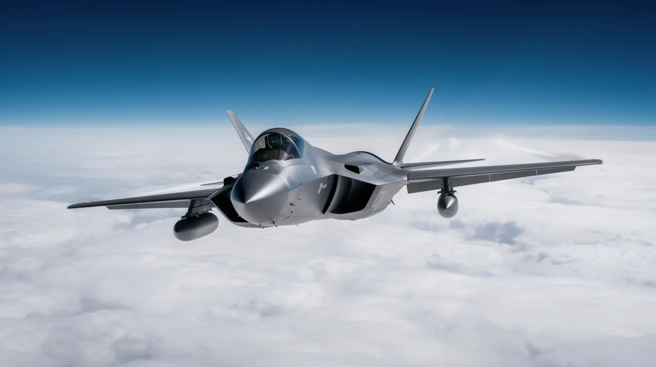 A sleek military reconnaissance jet soars at extreme altitude above a blanket of clouds, with a deep blue sky stretching above it. This engineering marvel showcases innovative design and speed, embodying the pinnacle of modern aviation.