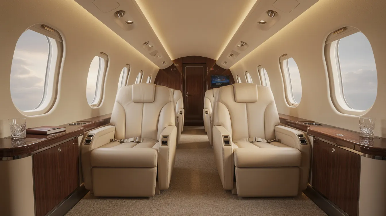 The image showcases an elegant private jet interior featuring cream leather seats, polished wood accents, and soft cabin lighting, creating a luxurious atmosphere for passengers. This modern aviation marvel is designed for comfort, reminiscent of the best business class experiences in commercial aircraft.