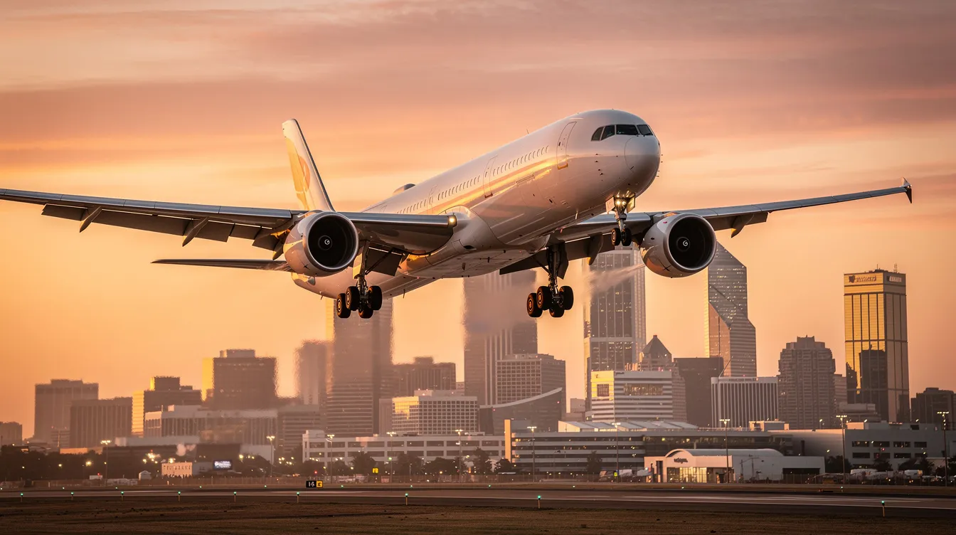 A modern wide-body commercial airplane, resembling the world's largest passenger plane, is gracefully landing at sunset, with a stunning city skyline silhouetted in the background. The scene captures the essence of commercial aviation, showcasing the innovative design and engineering marvel of this jumbo jet.