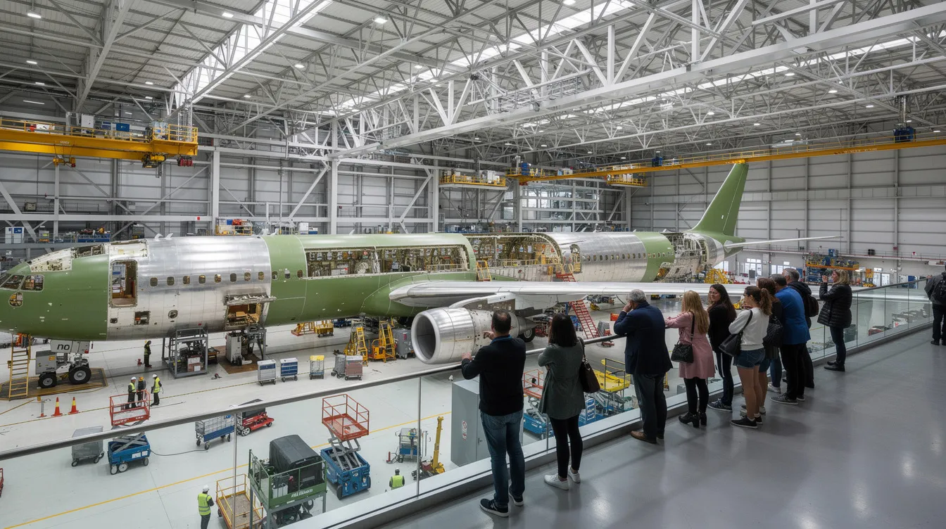 Visitors stand on an elevated observation gallery overlooking the factory floor of Boeing's Everett factory, where partially assembled wide-body aircraft, including the iconic Boeing 747, are being prepared for their future in commercial service. The vast industrial building, known as the world's largest, showcases aerospace innovation as it gears up for the flight test program.