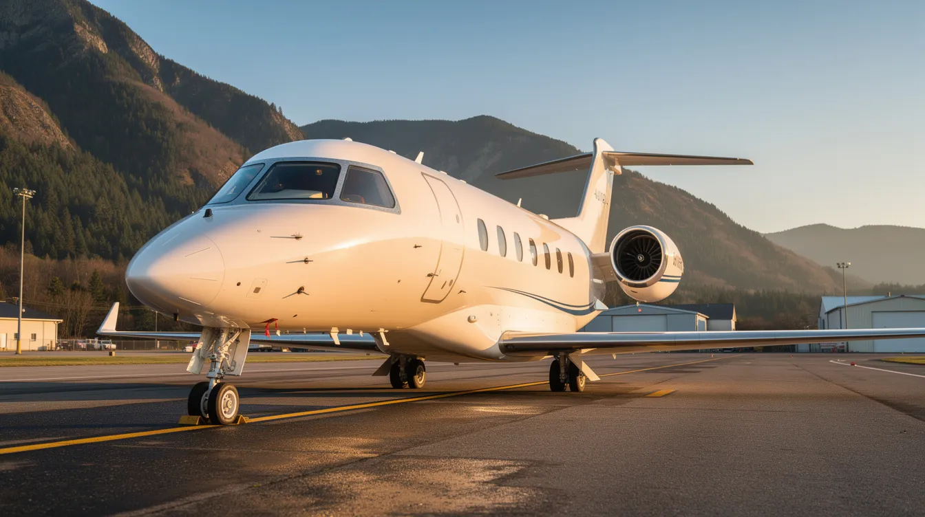 A sleek private jet is parked on a tarmac at a small regional airport, with evergreen-covered mountains and a clear blue sky in the background, showcasing the beauty of aviation against a serene landscape. This setting highlights the elegance of modern aircraft, reminiscent of the cutting-edge designs produced at Boeing's Everett factory.
