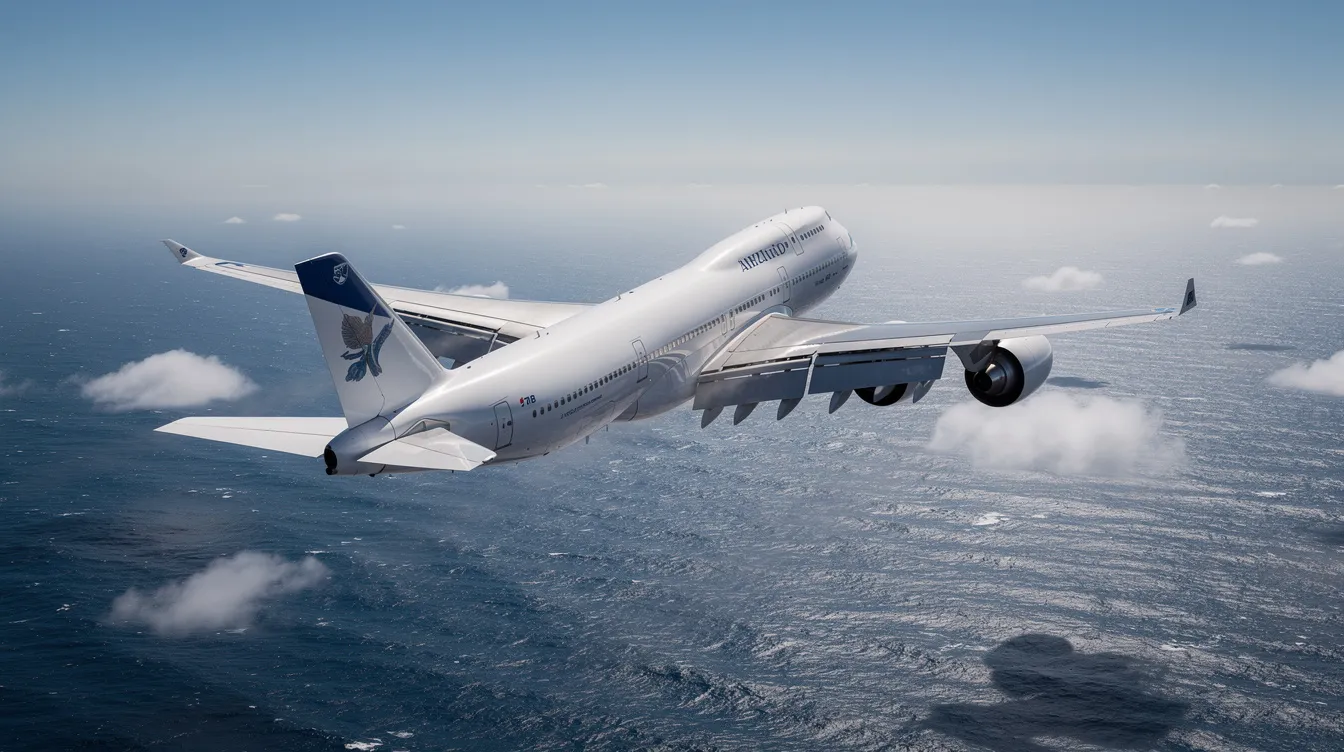 A large four-engine Boeing 747 jumbo jet is banking gracefully over a shimmering ocean, with sunlight reflecting off its sleek fuselage. This image captures the essence of aviation, showcasing the aircraft's impressive design and aerodynamics as it embarks on a test flight.