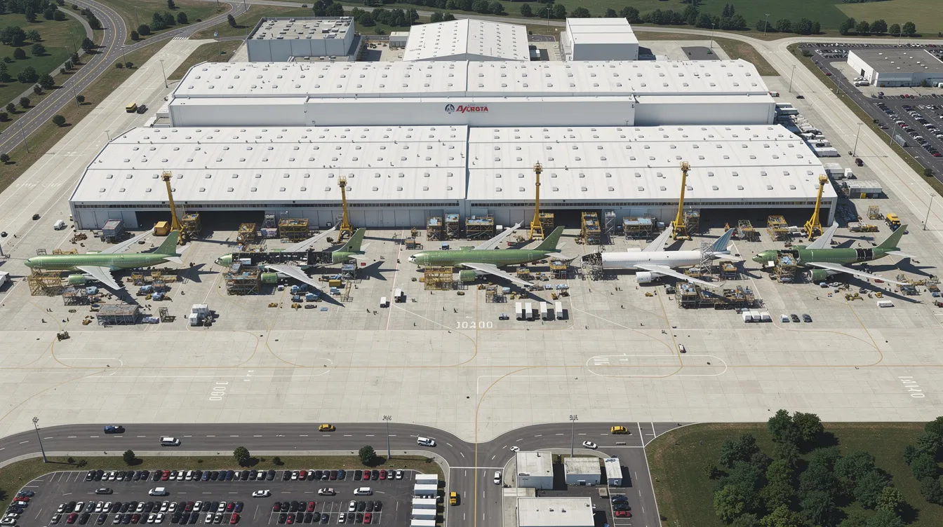 An aerial view of Boeing's Everett factory showcases the world's largest building, featuring multiple large structures, taxiways, and partially assembled wide-body jets on the tarmac, highlighting the innovative technologies used in manufacturing commercial airplanes. The image captures the scale and complexity of aircraft production essential for revolutionizing air travel.