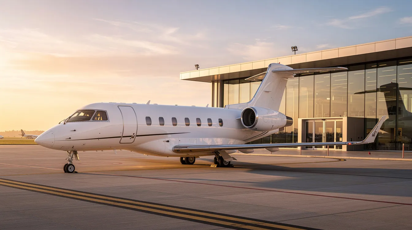 A sleek private jet with a modern design is parked on a tarmac at a private terminal during golden hour, casting a warm glow on its smooth surface. In the background, a contemporary building complements the scene, creating an elegant atmosphere for travel and flight.