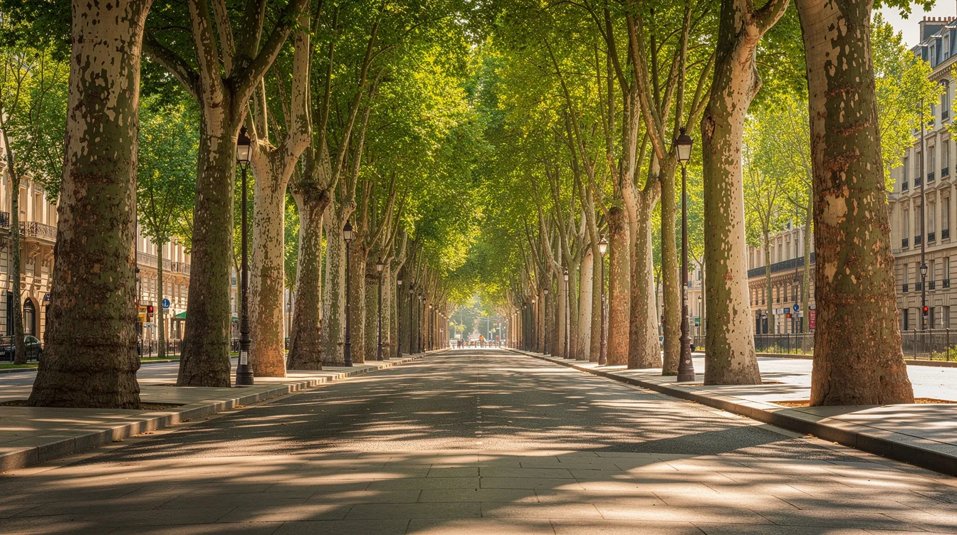 A row of tall London plane trees with mottled bark stands in a straight line along a wide European boulevard, casting dappled sunlight on the pavement below. The trees, part of the Platanaceae family, create a beautiful natural canopy that enhances the urban landscape.