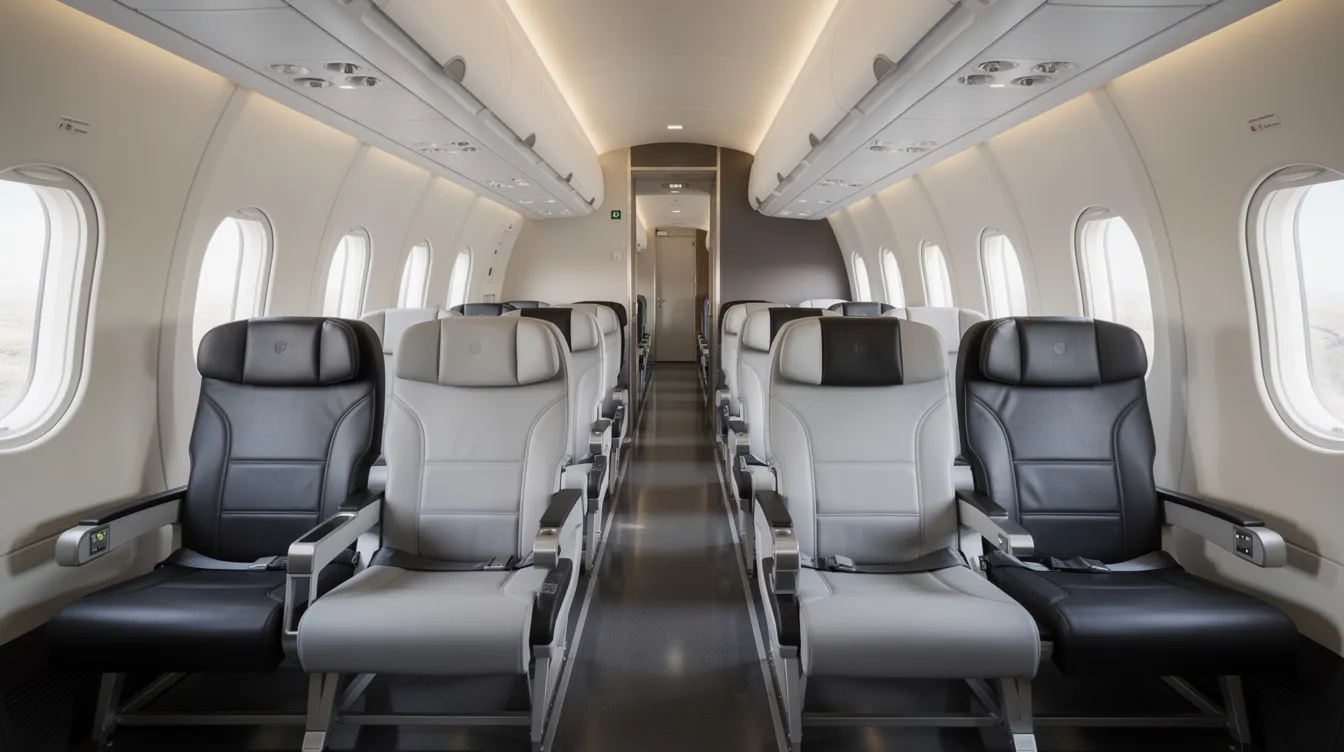 The image depicts the interior of a narrow-body airplane cabin featuring two-by-two leather seating, typical of regional airlines like United Express. The layout includes both first class and economy class seats, highlighting the comfortable design and amenities available for passengers during their flight experience.