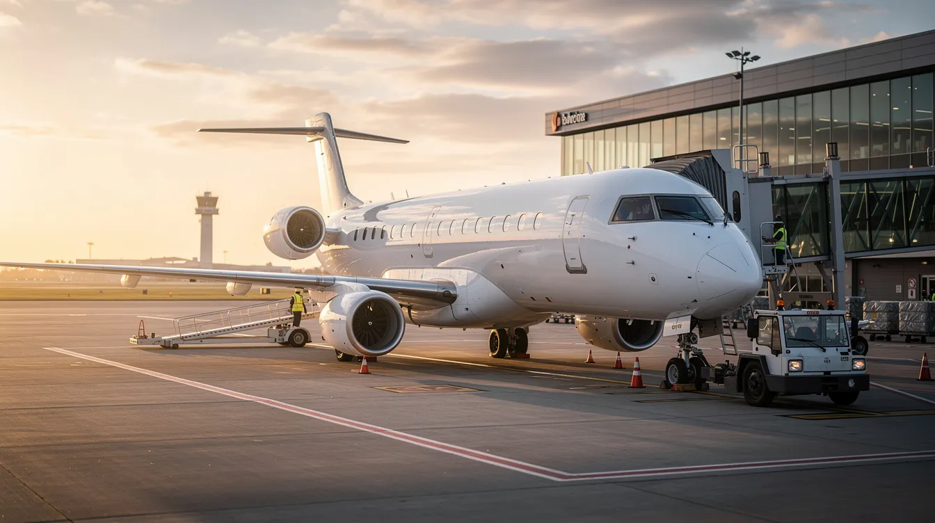 A modern twin-engine regional jet, specifically an Embraer E Jet from the United Airlines fleet, is parked at an airport gate during the golden hour, casting a warm glow on its sleek fuselage. The aircraft features spacious first class seats and is ready to accommodate passengers for flights on lower demand routes.