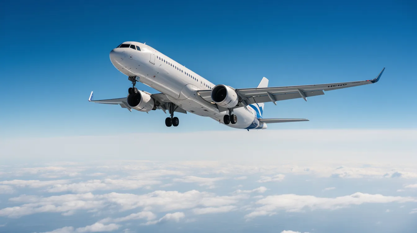 A twin-engine jet aircraft, resembling an Embraer E jet family model, is climbing through clear blue skies with fluffy white clouds visible below. This regional jet, often used by airlines like United Express and SkyWest Airlines, showcases its sleek fuselage as it ascends, providing a comfortable flight experience for passengers in both first class and economy.
