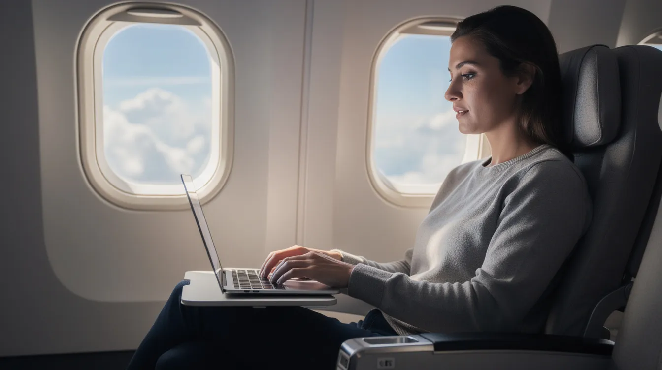 A passenger is working on a laptop in a comfortable first class seat on a United Airlines flight, with natural light streaming through the window. The scene showcases the spacious cabin of an Embraer E jet, highlighting the aircraft's features and amenities for a pleasant flight experience.