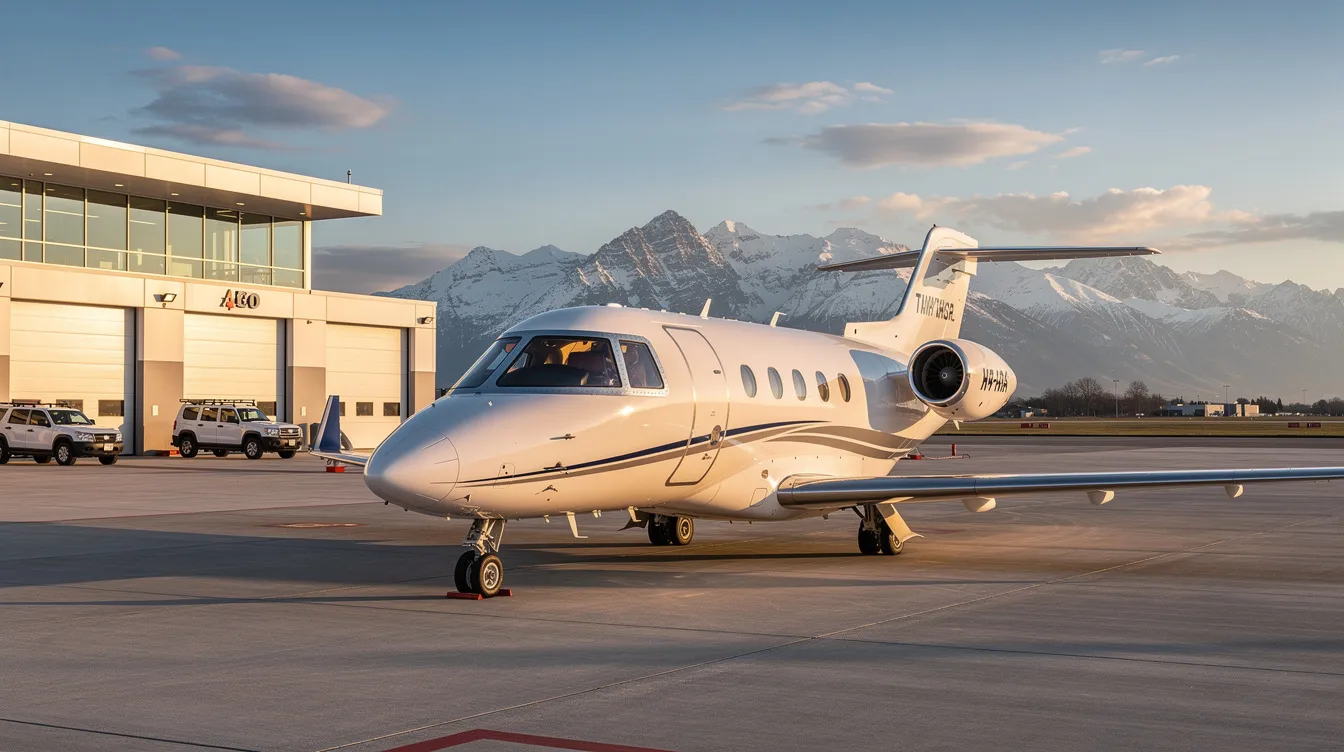 A small private jet, resembling an Embraer aircraft, is parked on a tarmac at a fixed-base operator facility, with majestic mountains in the background. The scene captures the essence of luxury travel, showcasing the jet's sleek fuselage and the serene environment surrounding it.