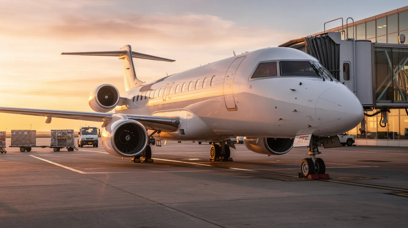 A modern regional jet, part of the Embraer E-Jet family, is parked at an airport gate during golden hour, showcasing its sleek fuselage and under-wing jet engines. The scene captures the aircraft's efficient design, highlighting its role in regional airlines and the market segment of fuel-efficient regional carriers.