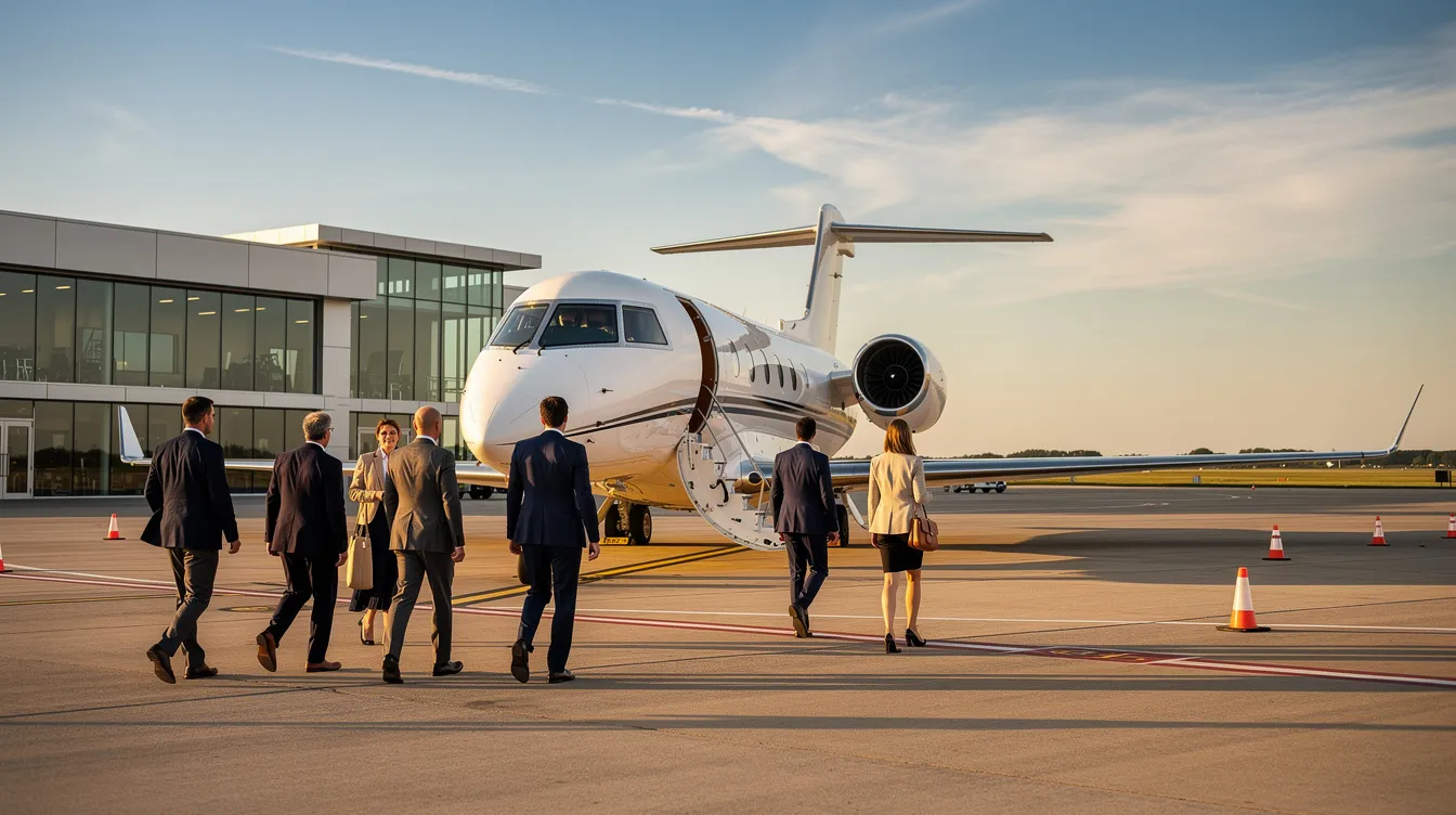 A group of business professionals is walking across a tarmac towards a sleek midsize private jet, part of the Embraer E-Jet family, parked at a modern Fixed Base Operator (FBO) terminal. The aircraft features a streamlined fuselage and winglets, showcasing its fuel-efficient design and advanced systems.