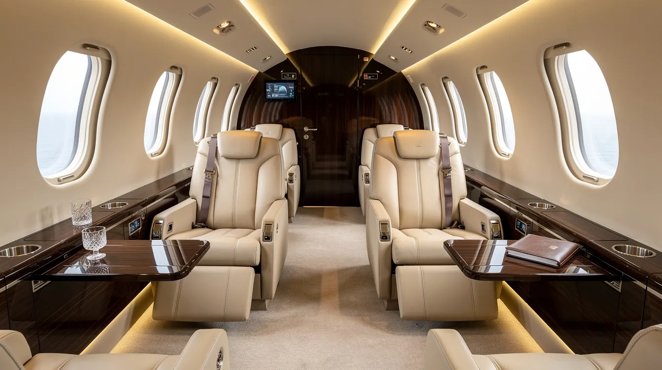 The image depicts the interior of a luxurious private jet cabin featuring cream leather seats, polished wood accents, and large oval windows that provide ample natural light. This elegant space is designed for comfort and style, ideal for passengers flying in a business jet like those from the Embraer E jet family.