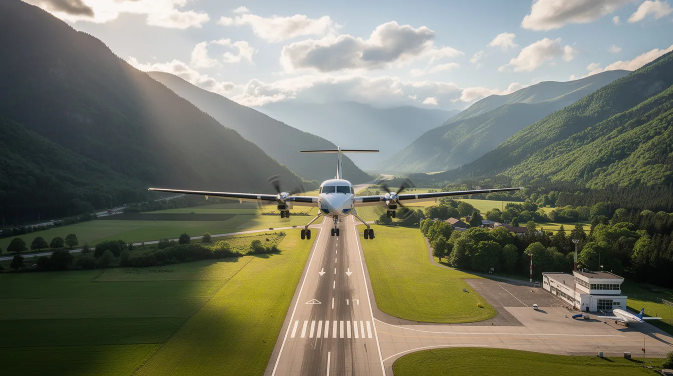 A turboprop aircraft is descending toward a small airport surrounded by lush green mountains, highlighting the beauty of private aviation and the accessibility of smaller airports for group charter flights. The scene captures the essence of regional air travel, showcasing a serene approach to a picturesque destination.