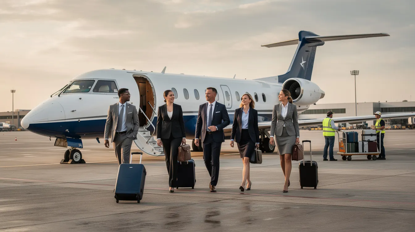A group of professionals in business attire walks across a tarmac towards a regional jet, while luggage is being loaded in the background, highlighting the hustle of private aviation. The scene captures the essence of group travel for corporate events, showcasing the convenience of charter flights and business jets.