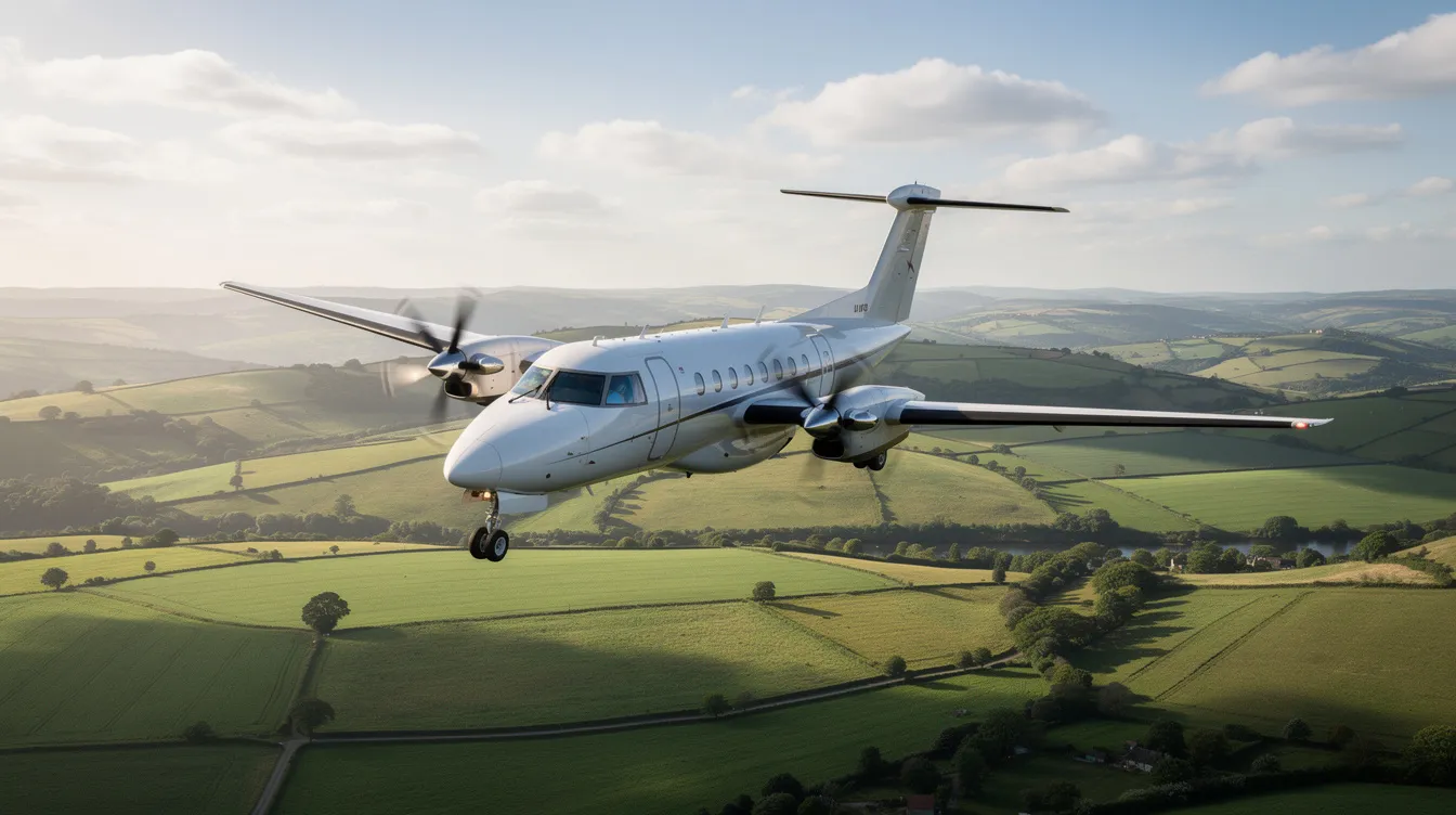 A modern turboprop aircraft is soaring gracefully above a vibrant green landscape, featuring rolling hills below. This scene highlights the beauty of private aviation, showcasing the aircraft's sleek design as it navigates the skies.