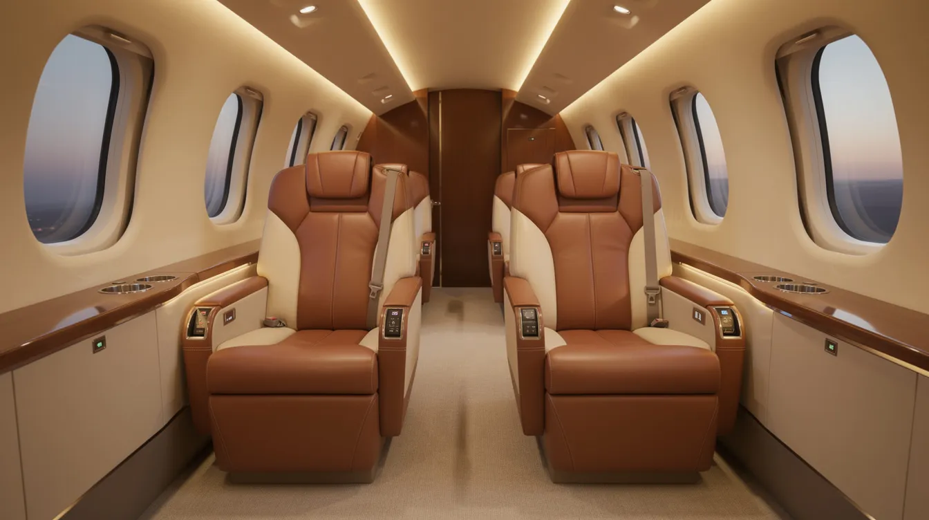 The image depicts the interior of a private charter aircraft featuring luxurious leather business-class seats arranged in a comfortable two-by-two configuration, illuminated by warm lighting, creating an inviting atmosphere for private jet travel. This spacious cabin is designed for corporate events or group travel, emphasizing the elegance and comfort associated with private aviation.