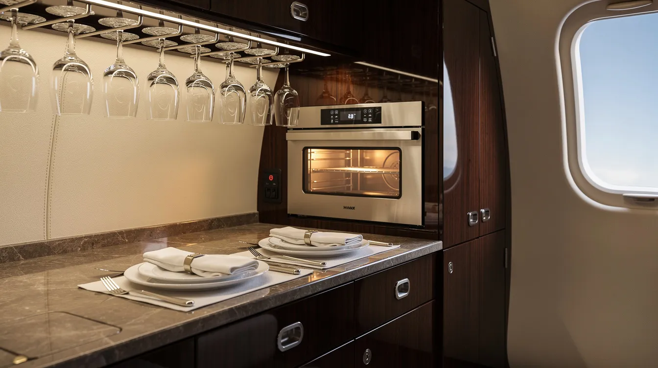 The image depicts a luxurious private jet galley featuring elegant white china place settings, polished wine glasses, and a convection oven, showcasing the advanced amenities designed for fine dining during international flights. This full galley exemplifies the premium experience and comfort that private aviation offers to business and leisure travelers alike.
