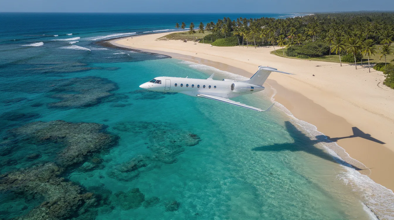 An aerial view captures a private jet soaring above a stunning turquoise ocean coastline, showcasing the aircraft's sleek design and luxurious amenities. This midsize aircraft, perfect for business and leisure travel, offers a spacious three-zone cabin that ensures maximum comfort for its 16 passengers during long flights.