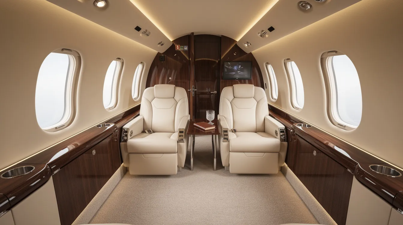 The image depicts the interior of a luxurious private jet cabin, featuring cream leather seats, ambient lighting, and elegant wood paneling, designed for maximum comfort during long flights. This spacious cabin is ideal for business and leisure travel, accommodating up to 16 passengers with advanced amenities for an exceptional flying experience.