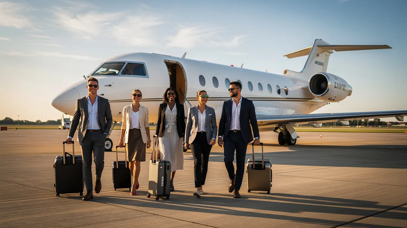 A group of well-dressed travelers approaches a large Gulfstream G550 private jet on a sunny tarmac, ready for their international flight. The spacious three-zone cabin of the aircraft promises maximum comfort and luxurious amenities for their upcoming journey.