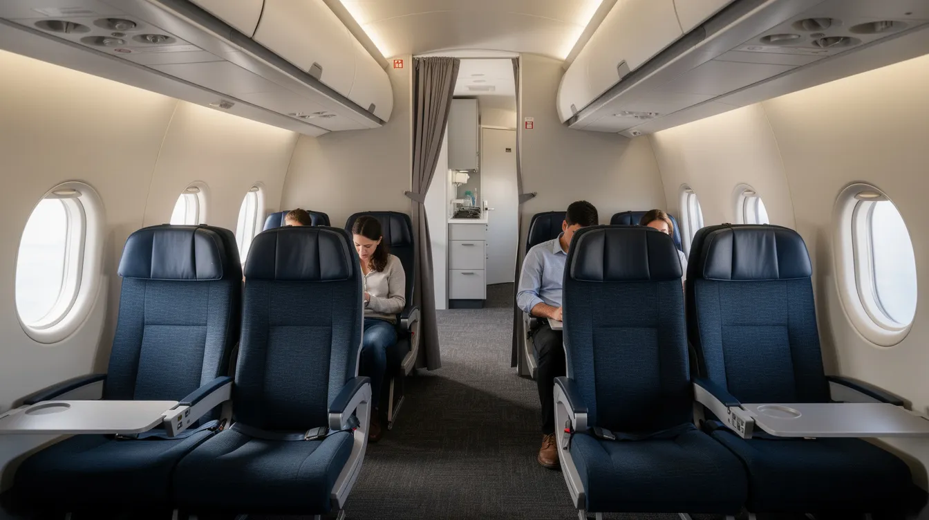 The image depicts the interior of a small regional aircraft cabin, specifically an Embraer E175, featuring two comfortable economy seats on each side of a narrow aisle. The cabin is designed for Delta Air Lines, showcasing a modern layout with overhead compartments and windows, providing travelers with a cozy environment for their flight.