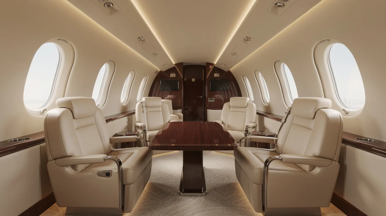 The image showcases a spacious private jet interior featuring cream leather club seats arranged around a polished wood table, providing a luxurious setting for travelers. This elegant cabin design offers comfort and style, making it ideal for passengers seeking a premium flying experience.