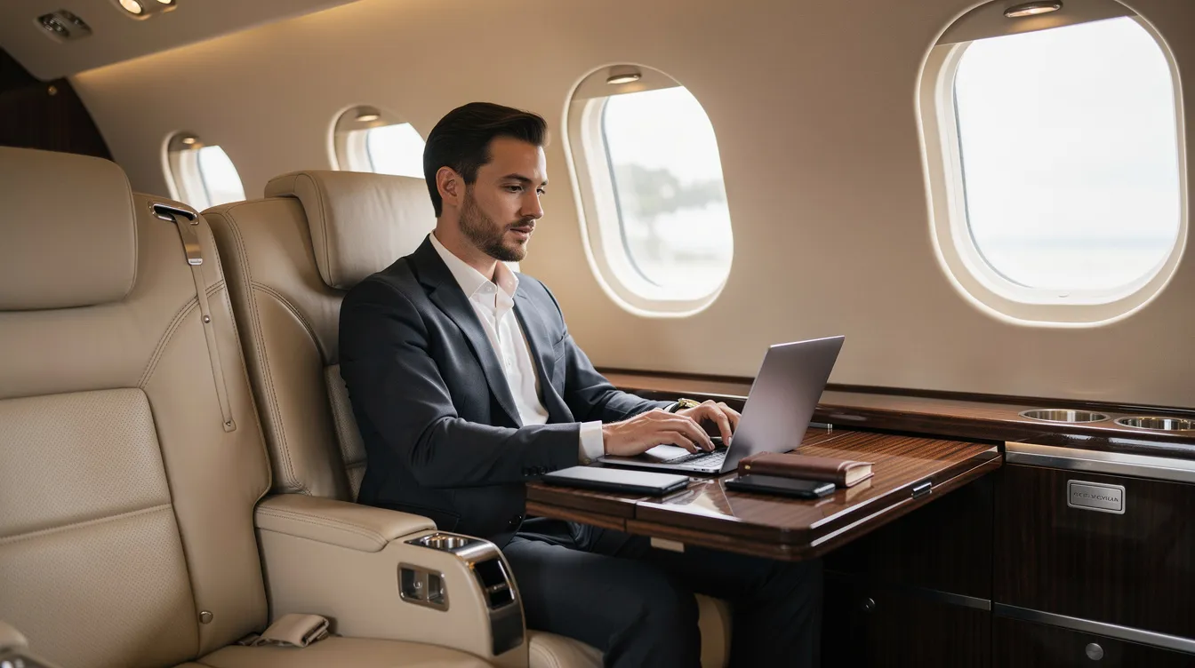 A business professional is focused on their laptop inside a luxurious private jet cabin, featuring cream leather seats and elegant wood-grain finishes, highlighting the comfort and sophistication typical of aircraft like the Embraer E175. The spacious environment reflects a high level of service and passenger comfort, ideal for flying with airlines such as SkyWest and United Express.