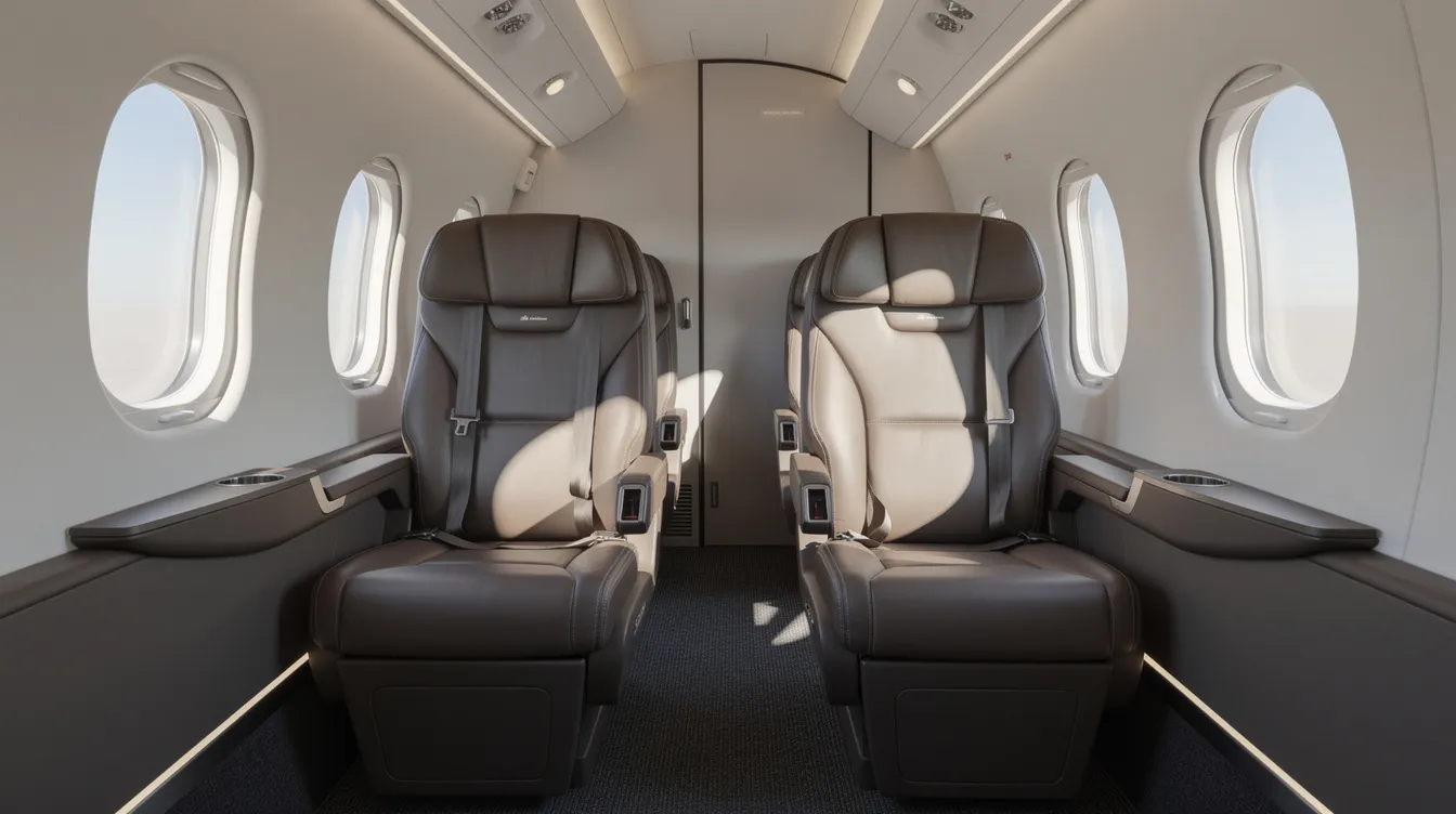 The image depicts the interior of a small commercial aircraft cabin, featuring two-by-two leather seats arranged for passenger comfort, with large windows that allow natural light to fill the space. This setting is typical of an Embraer E175 operated by SkyWest Airlines, showcasing a blend of comfort and functionality for travelers.