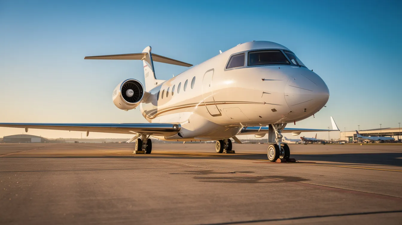 A sleek white private jet is parked on a sunlit tarmac, with a clear blue sky overhead, showcasing the elegance of private aviation. This aircraft symbolizes luxury travel options, such as fractional ownership and charter services, catering to the needs of discerning customers.