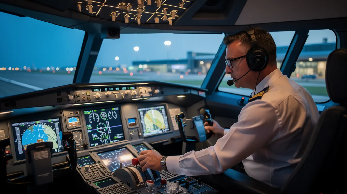 A pilot in a modern glass cockpit is seen adjusting various instruments as they prepare for takeoff, highlighting the advanced technology used in private aviation. This scene reflects the dedication and professionalism of pilots in ensuring safety and control before embarking on a journey in a premier aircraft.