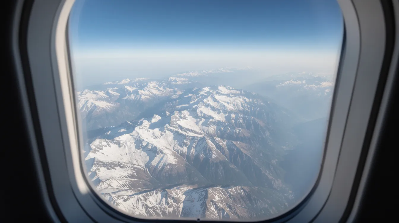 An aerial view captures the breathtaking sight of snow-capped mountain peaks as seen through the window of an Alaska Airlines Embraer 175 aircraft, showcasing the stunning landscape from high altitude. The image highlights the beauty of flying, offering a glimpse of the world below while enjoying the comfort of first class seats in the cabin.