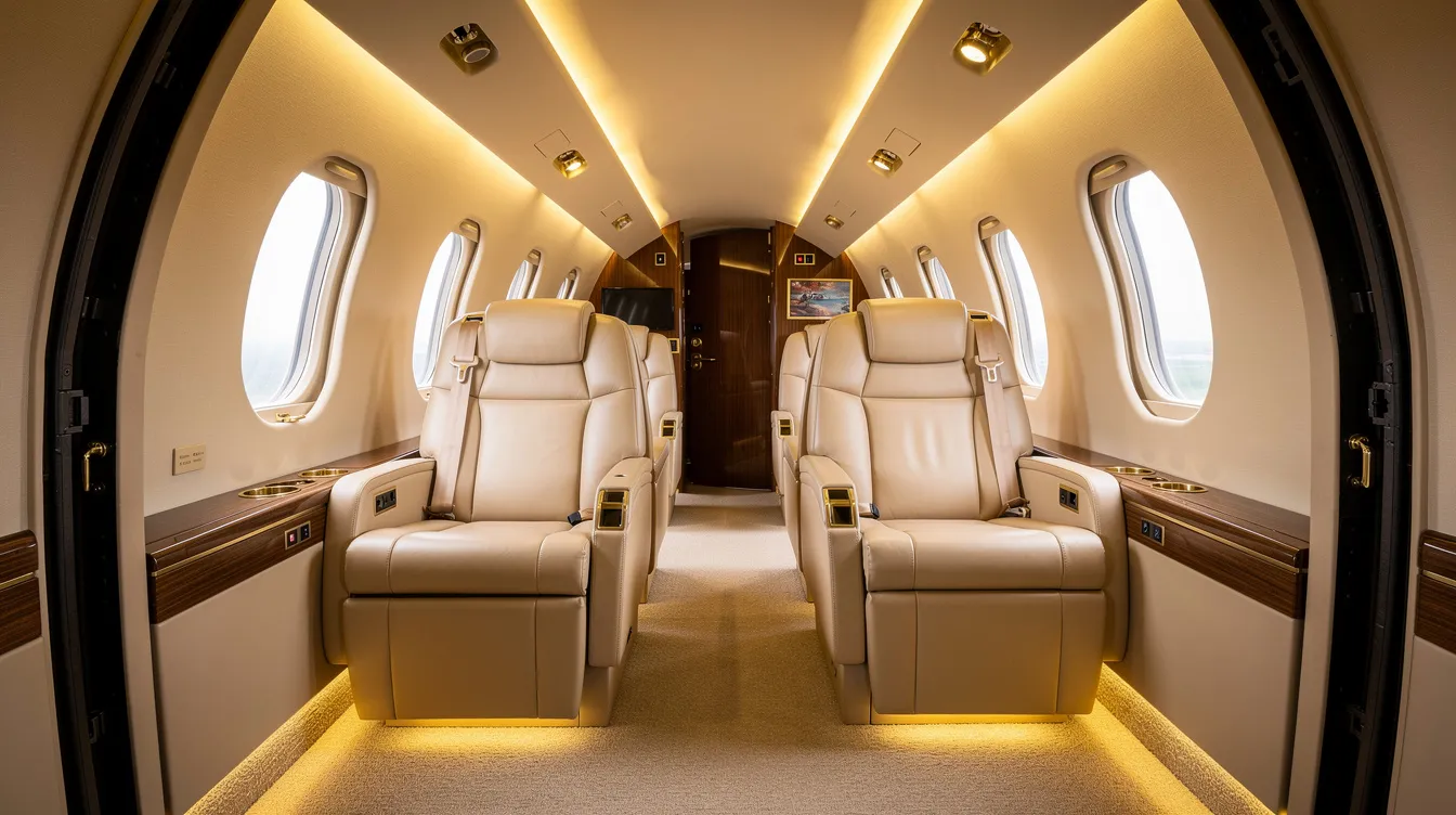 The image depicts a spacious private jet interior featuring cream leather first class seats and warm cabin lighting, as viewed from the entrance. This luxurious setting is designed for first class passengers, providing a comfortable and elegant atmosphere for flying.