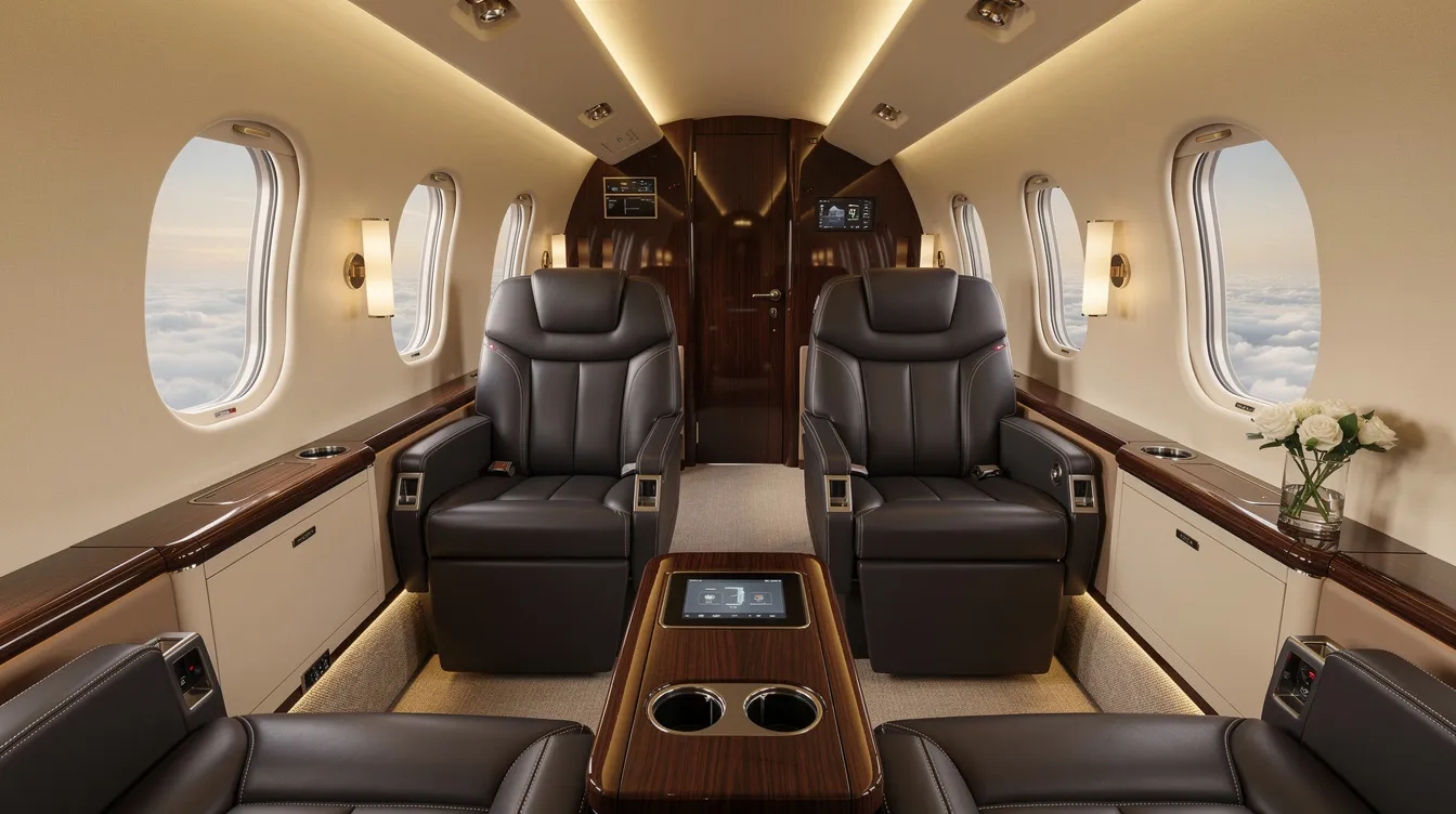 The image depicts the interior of a luxury private jet cabin, showcasing dark leather seats complemented by soft ambient lighting and a polished wood console, creating an elegant and sophisticated atmosphere ideal for business travel. The design reflects a commitment to comfort and technology, making it a perfect space for professionals to work and relax while in transit.
