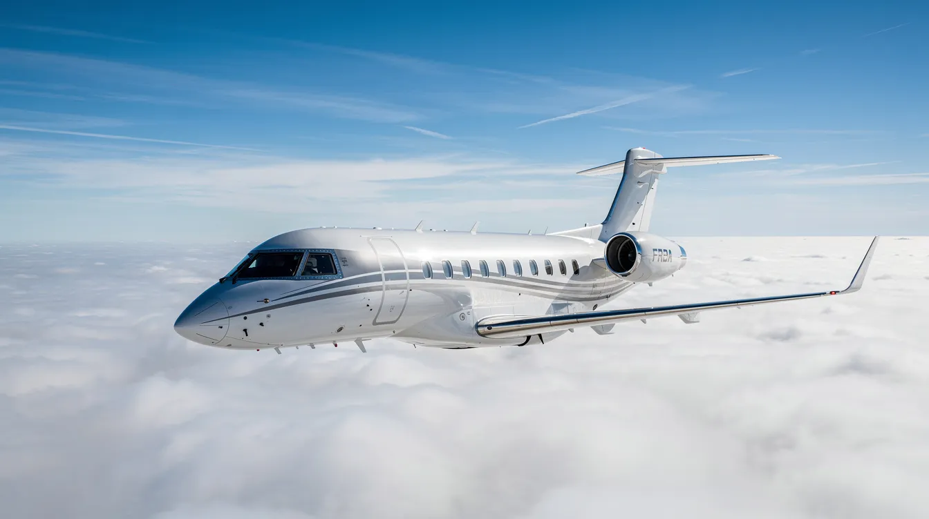 A modern fuel-efficient private jet soars above a cloud layer against a backdrop of a clear blue sky, showcasing the elegance of private aviation. This image highlights the convenience of private jet travel, ideal for both business and leisure, with options for charter flights and private jet rental services.
